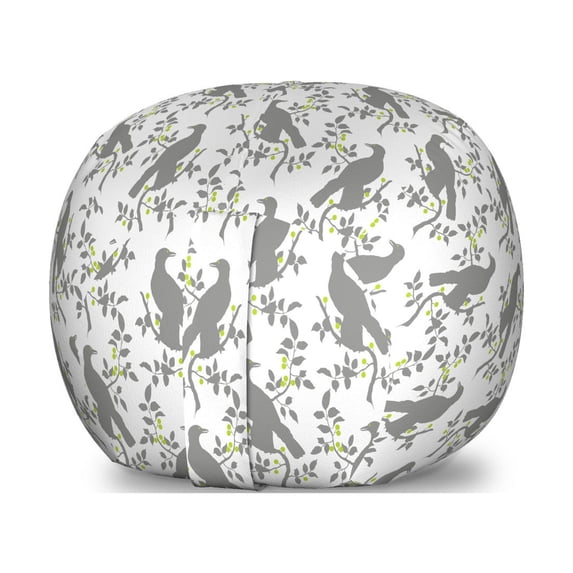 Birds Storage Toy Bag Chair, Woodland Animals on Branches with Blossoming Leaves Ornamental Spring Art, Stuffed Animal Organizer Washable Bag, Small Size, White Green and Grey, by Ambesonne