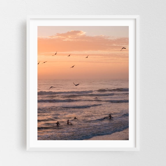 Birds & Surfers, St. Augustine Beach - St. Augustine Beach Florida Photography Sunset Ocean Waves Seascape Beach Surf Bird White Framed Wall Art Print 16 x 20 inches