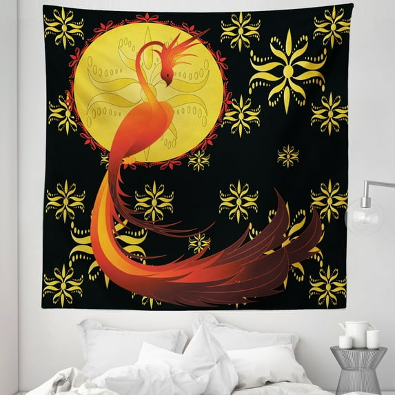 Birds Tapestry, Mythical Fiery Phoenix Standing by the Fullmoon Ornamental Design, Fabric Wall Hanging Decor for Bedroom Living Room Dorm, 5 Sizes, Vermilion Yellow, by Ambesonne