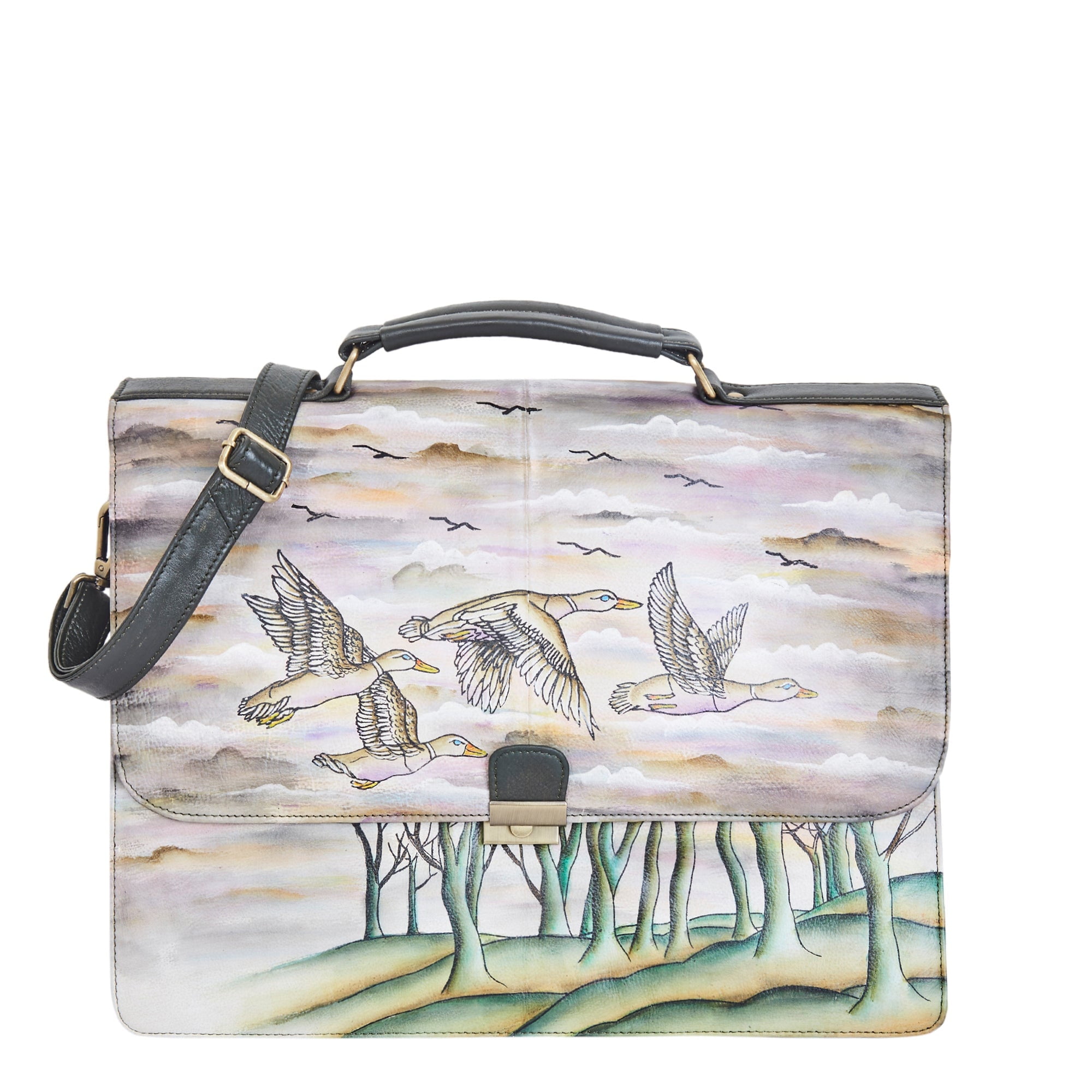 Sishka Womens Hand Painted Leather Briefcase Sling Bag – Artistic Birds Design Shoulder Bag for Work, Travel & Daily Use