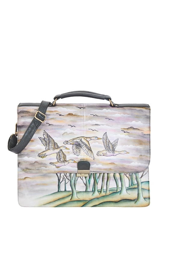 Womens Hand Painted Leather Briefcase Sling Bag Artistic Birds Design Shoulder Bag for Work, Travel & Daily Use