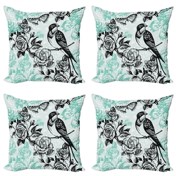 Ambesonne Birds Throw Pillow Cover 4 Pack, Mockingbird on Rose Tree, 20", Pale Blue Pale Blue