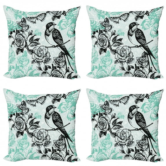 Ambesonne Birds Throw Pillow Cover 4 Pack, Mockingbird on Rose Tree, 18", Pale Blue Pale Blue
