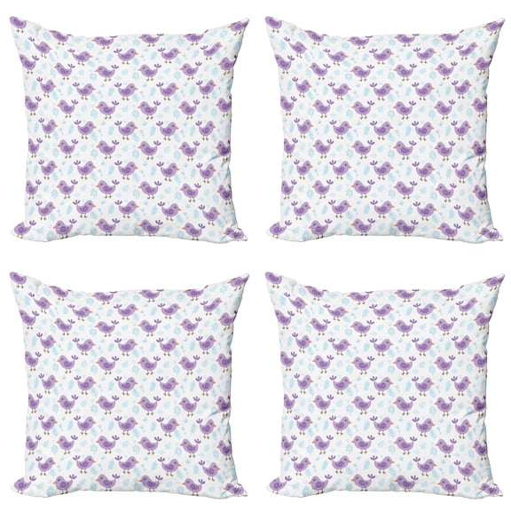 Birds Throw Pillow Cushion Case Pack of 4, Lullaby Themed Birds with Tiny Beaks on Doodled Leaves and Wild Herbs, Modern Accent Double-Sided Print, 4 Sizes, Lavender and Pale Blue, by Ambesonne