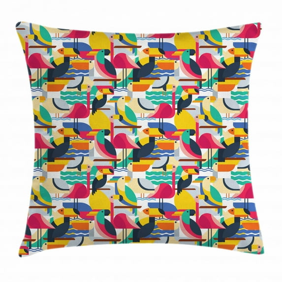 Birds Throw Pillow Cushion Cover, Futuristic Design of Contrast Colored Toucan Cockatoo Parrot Flamingo and Pelican, Decorative Square Accent Pillow Case, 16 X 16 Inches, Multicolor, by Ambesonne