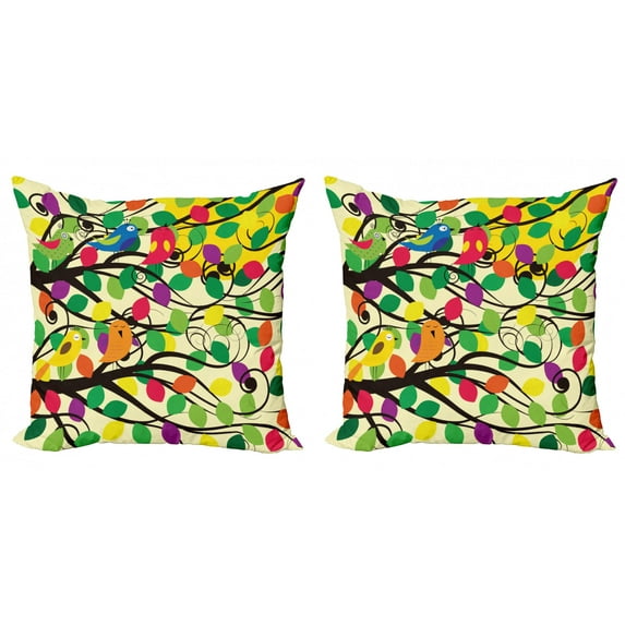 Ambesonne Birds Throw Pillow Cover 2 Pack, Happy Birds Colorful Tree, 18", Multicolor