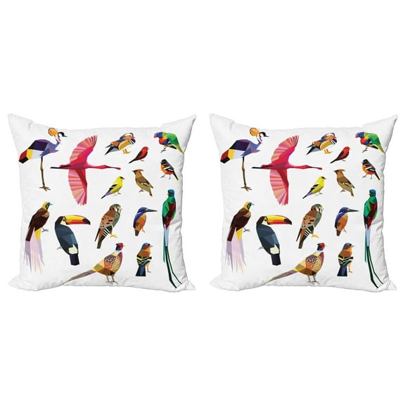 Ambesonne Colorful Throw Pillow Cover 2 Pack, Bird Set Poly Design, 24", Multicolor