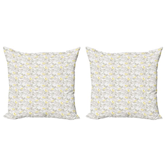 Ambesonne Birds Throw Pillow Cover 2 Pack, Abstract Lobed Leaves, 24", Pale Grey Mustard