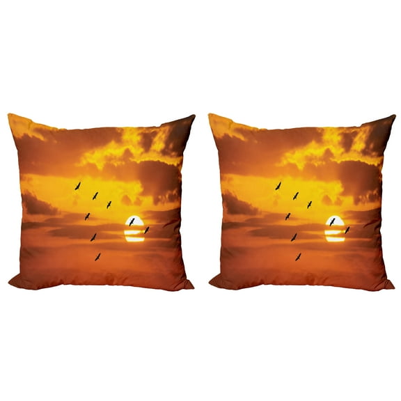 Ambesonne Nature Throw Pillow Cover 2 Pack, Birds Flying at Sunset, 16", Orange