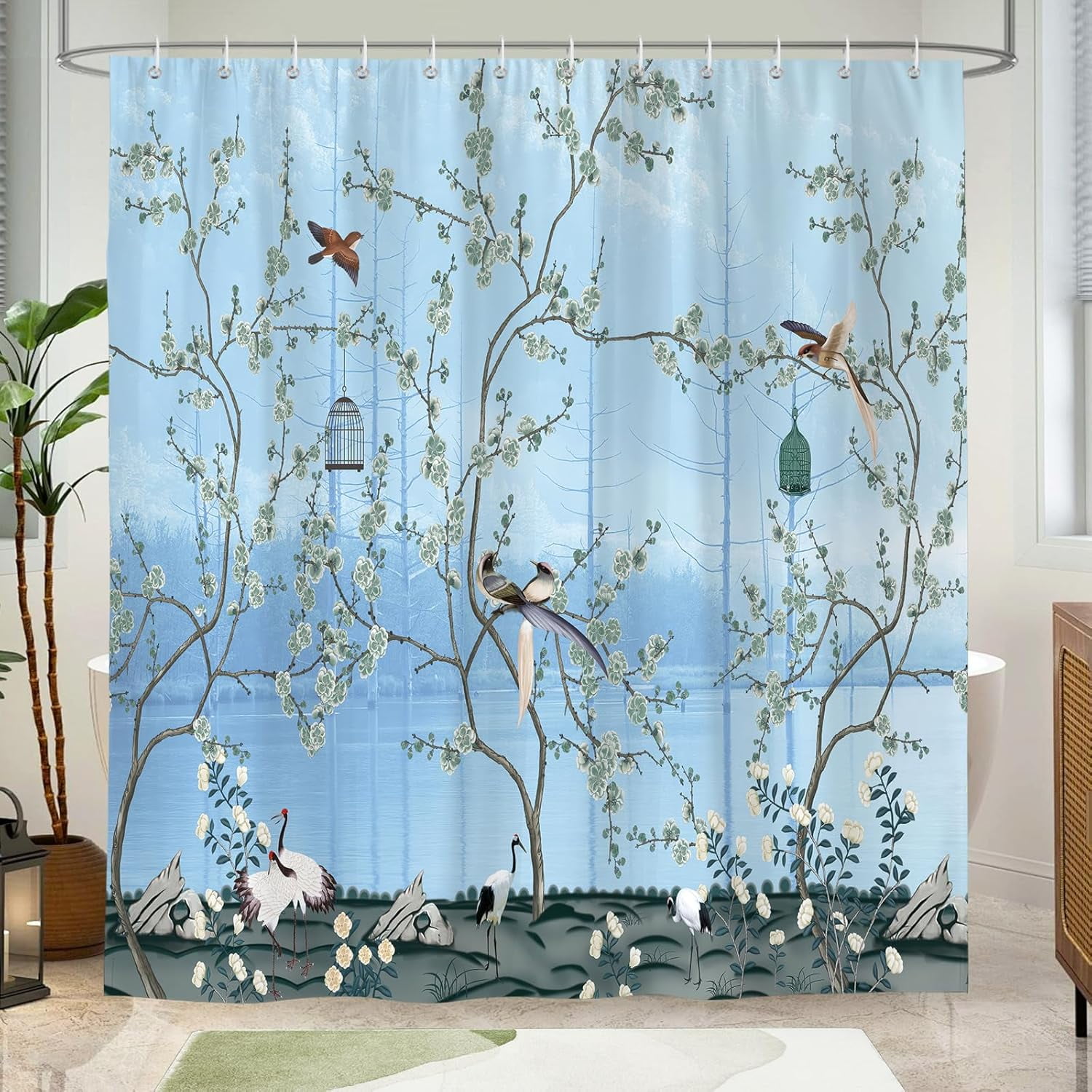 Birds Tree Shower Curtain,Chinese Chinoiserie Spring Floral Birds ...