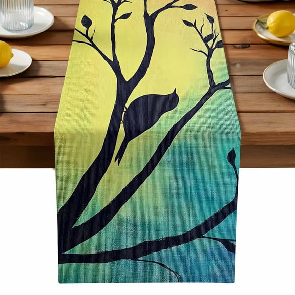 Birds on Tree Table Runner, Gradient Background Kitchen Table Runners Dress Scarves for Table Decorations Party/Restaurant/Indoor Outdoor Use, 13x36in