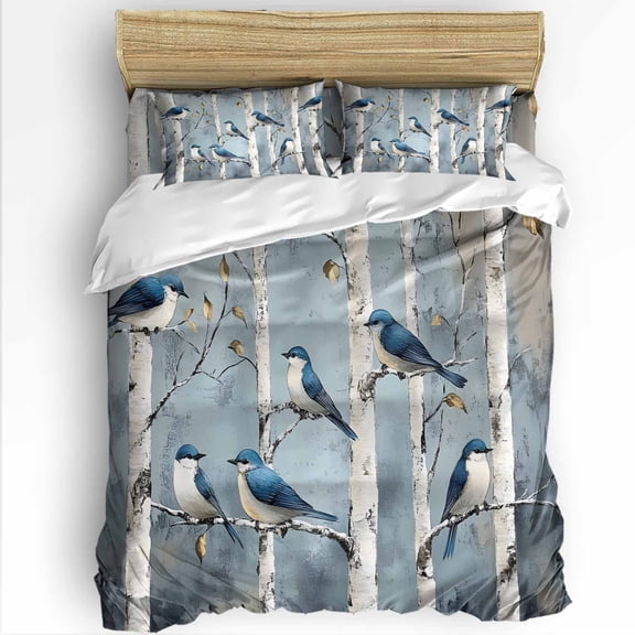 Birds Twin Size Comforter Set, Birch Tree Spring Animal Soft Bedding for All Seasons, 4 Pcs Bed Set with 1 Comforter (68"x86") ,1Sheet(66"x116"), 2 Pillowcases (19"x29")