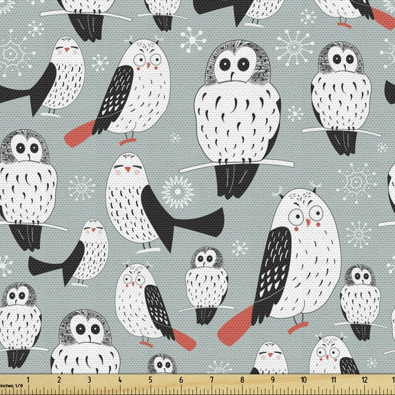 Ambesonne Birds Fabric by the Yard Upholstery, Cartoon Long-Eared Owl, 10 Yards, Blue Grey Salmon