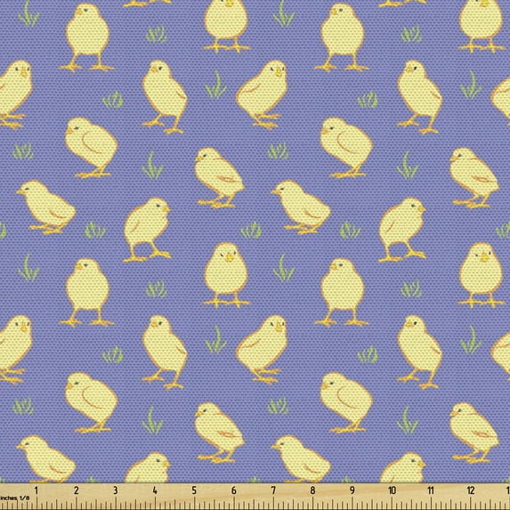 Birds Upholstery Fabric by the Yard, Pattern of Chicks on a Meadow, Decorative Fabric for DIY and Home Accents, Lavender Pale Yellow by Ambesonne