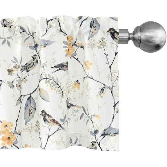 Birds Vines Printed Semi-Blackout Curtains Valances for Kitchen Bath Laundry Bedroom Living Room, Rod Pocket Valance for Windows, 52 x 18 Inch, Grey Birds, One Panel