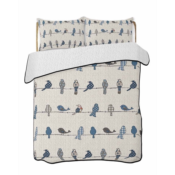 Birds on the Wire Blue Grey Burlap Background 3 Piece Quilt Bedding Set with 2 Pillow Shams, Lightweight Bedspread Coverlet, Soft Breathable All Season Quilt, 96 x 106 Inch