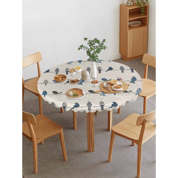 Birds on the Wire Blue Grey Burlap Background Round Fitted Tablecloth with Elastic Edge, Waterproof Stretch Table Covers for 36"-44" Tables Wipeable Table Cloth for Outdoor