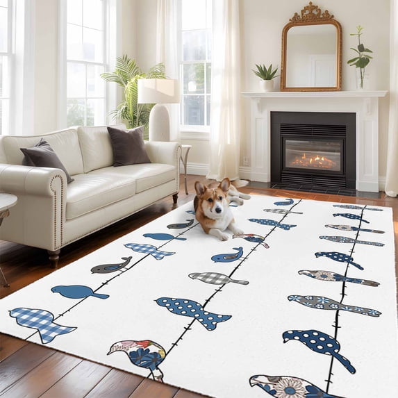 Birds on the Wire Blue Grey Washable Area Rug 5x8 Low-Profile Large ...