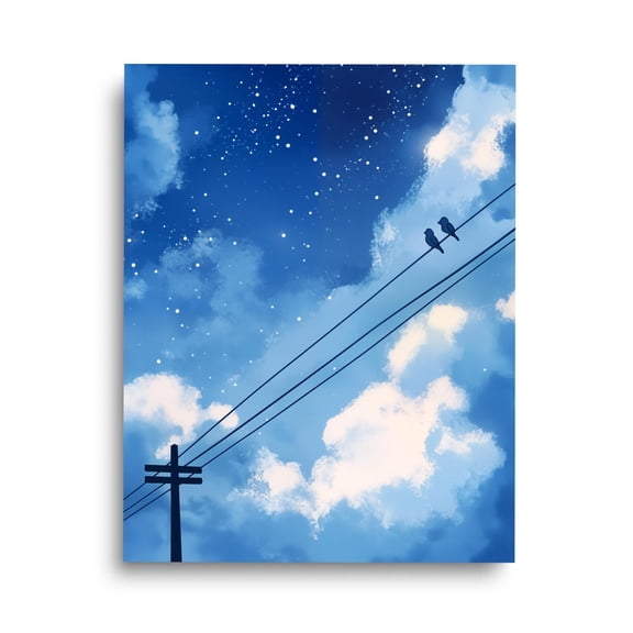 Birds On A Wire Print, Starry Sky Minimalist Wall Art, Night Sky Decor, Dusk Landscape Poster, Tranquil Clouds Scene, Blue Horizon Home Decor #3430, Unframed Poster Size 8x12