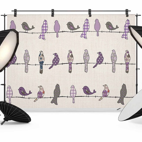 Birds on the Wire Purple Grey Burlap Background Backdrop for Photography, Photo Backdrop Portrait Background Party Banner Photo Backgrounds for Studio Booth Props, 12x8ft