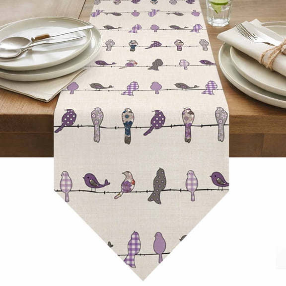 Birds on the Wire Purple Grey Burlap Background Table Runner 36 Inches Long Table Runners for Dining Room Tabletop Dresser Scarf Home Party Banquet Wedding Holiday Decoration