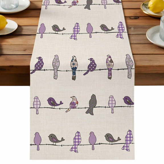 Birds on the Wire Purple Grey Burlap Background Table Runner, Cotton Linen Table Cloth, Tablerunner for Kitchen Dining Party Wedding Home Decor 13x36 Inch
