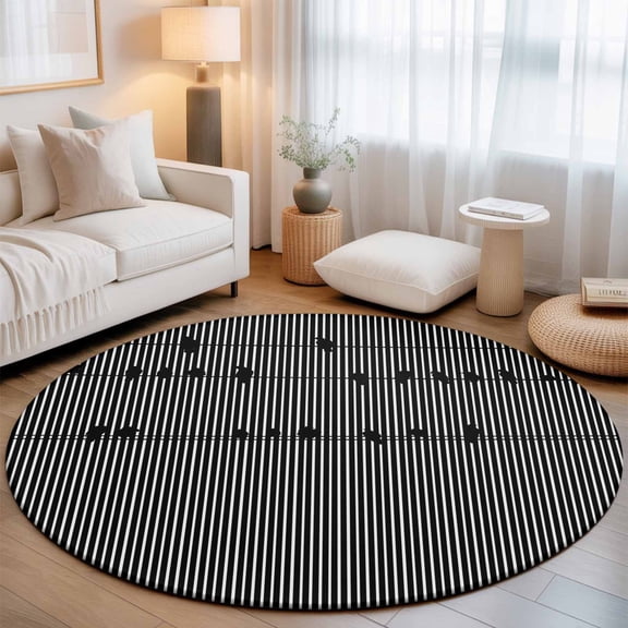 Birds on Wire Small Round Rug 3Ft Modern Minimalist Orange Gray White Vertical Lines Area Rugs Washable Non Slip Indoor Floor Mats Circle Carpet for Living Room Bedroom Dining Room Home Decor