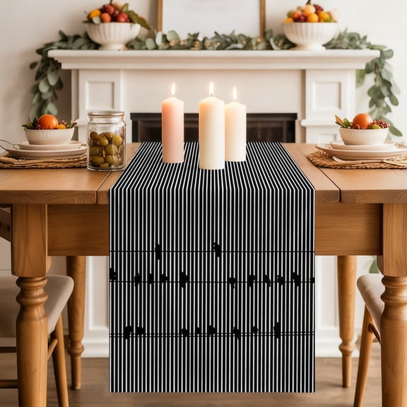 Birds on Wire Table Runner, Modern Minimalist Orange Gray White Vertical Lines Washable Cotton-linen Table Runners Dining Kitchen Decoration for Everyday Home Wedding Party Decor, 13 x 36 Inch