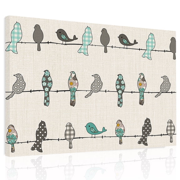 Birds on the Wire Teal Grey Burlap Background Canvas Print Wall Art, - Wall Decor Modern Artwork Paintings Pictures for Living Room Framed and Stretched Ready to Hang, 24" x 32"