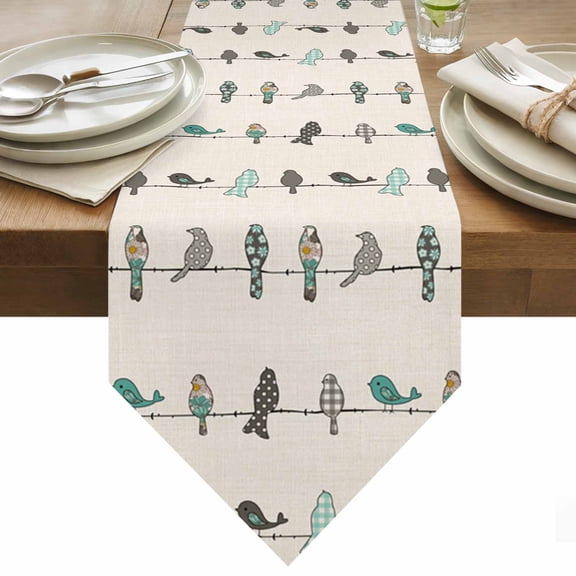 Birds on the Wire Teal Grey Burlap Background Table Runner 36 Inches Long Table Runners for Dining Room Tabletop Dresser Scarf Home Party Banquet Wedding Holiday Decoration