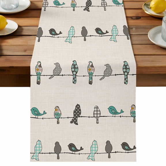 Birds on the Wire Teal Grey Burlap Background Table Runner, Cotton Linen Table Cloth, Tablerunner for Kitchen Dining Party Wedding Home Decor 13x36 Inch