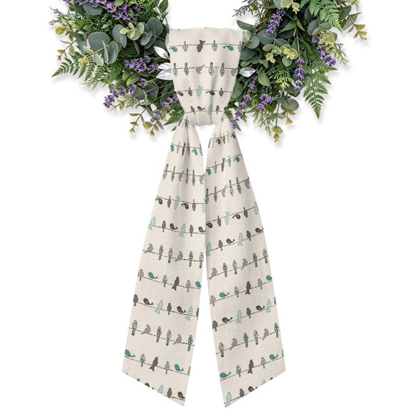 Birds on the Wire Teal Grey Burlap Background Wreath Sash for Front Door, Satin Wreath Ribbon Bow Accessory Garland Home Decor for Doorway Porch Yard 4.5x56