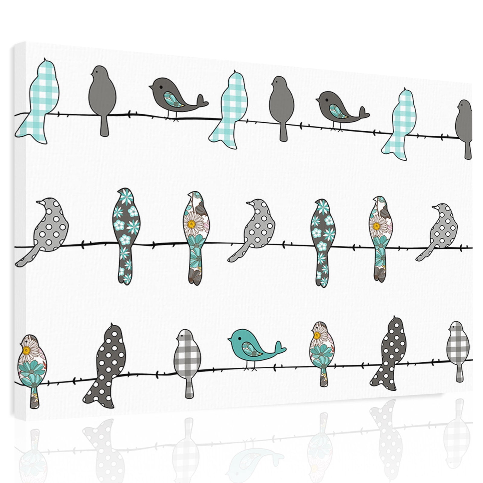 Birds on the Wire Teal Grey Canvas Print Wall Art, - Wall Decor Modern ...