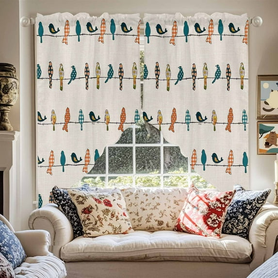 Birds on the Wire Teal Grey Orange Burlap Background Swag Curtain Valance for Windows, Window Treatments Short Swag Topper for Kitchen Windows Bathroom Bedroom, 28"x36"