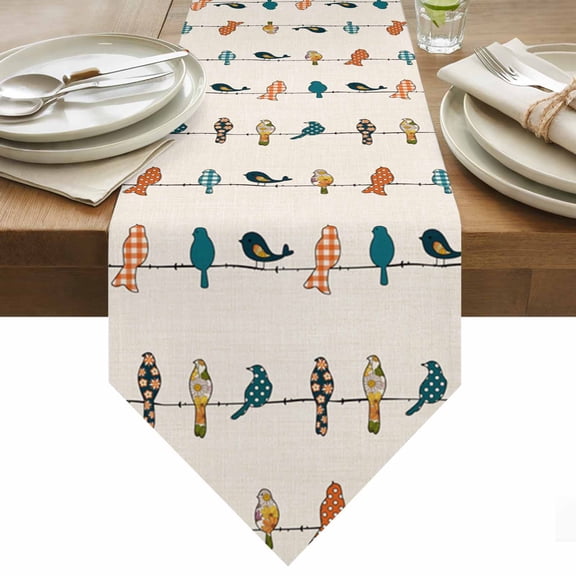 Birds on the Wire Teal Grey Orange Burlap Background Table Runner 36 Inches Long Table Runners for Dining Room Tabletop Dresser Scarf Home Party Banquet Wedding Holiday Decoration