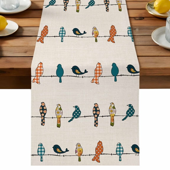 Birds on the Wire Teal Grey Orange Burlap Background Table Runner, Cotton Linen Table Cloth, Tablerunner for Kitchen Dining Party Wedding Home Decor 13x36 Inch