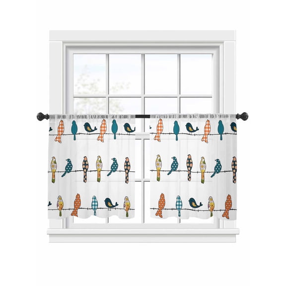 Birds on the Wire Teal Grey Orange Sheer Curtains 2 Panels Set Sheer Window Curtains Light Filtering Rod Pocket Voile Drapes for Bedroom Living Room 52"x45"