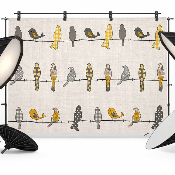 Birds on the Wire Yellow Grey Orange Burlap Background Backdrop for Photography, Photo Backdrop Portrait Background Party Banner Photo Backgrounds for Studio Booth Props, 12x8ft