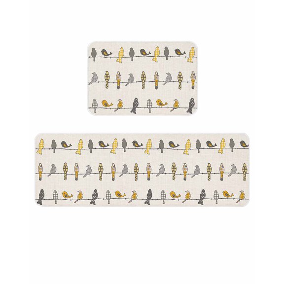 Birds on the Wire Yellow Grey Orange Burlap Background Kitchen Mats for Floor 2 Piece, Absorbent Non-Slip Kitchen Rugs Comfort Standing Mat for Laundry, Hallways 19.7"x31.5"+19.7"x63"