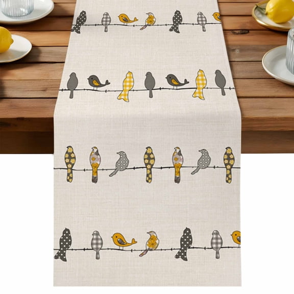 Birds on the Wire Yellow Grey Orange Burlap Background Table Runner, Cotton Linen Table Cloth, Tablerunner for Kitchen Dining Party Wedding Home Decor 13x36 Inch