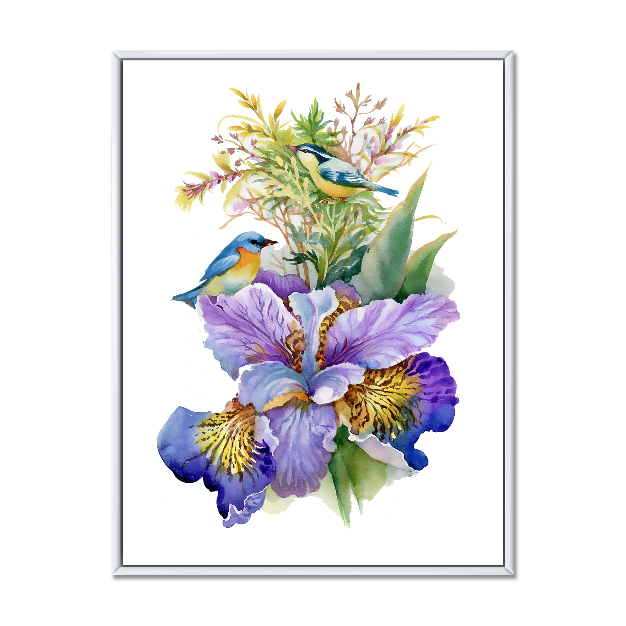 Birds With Purple Iris 16 in x 32 in Framed Painting Canvas Art Print, by Designart