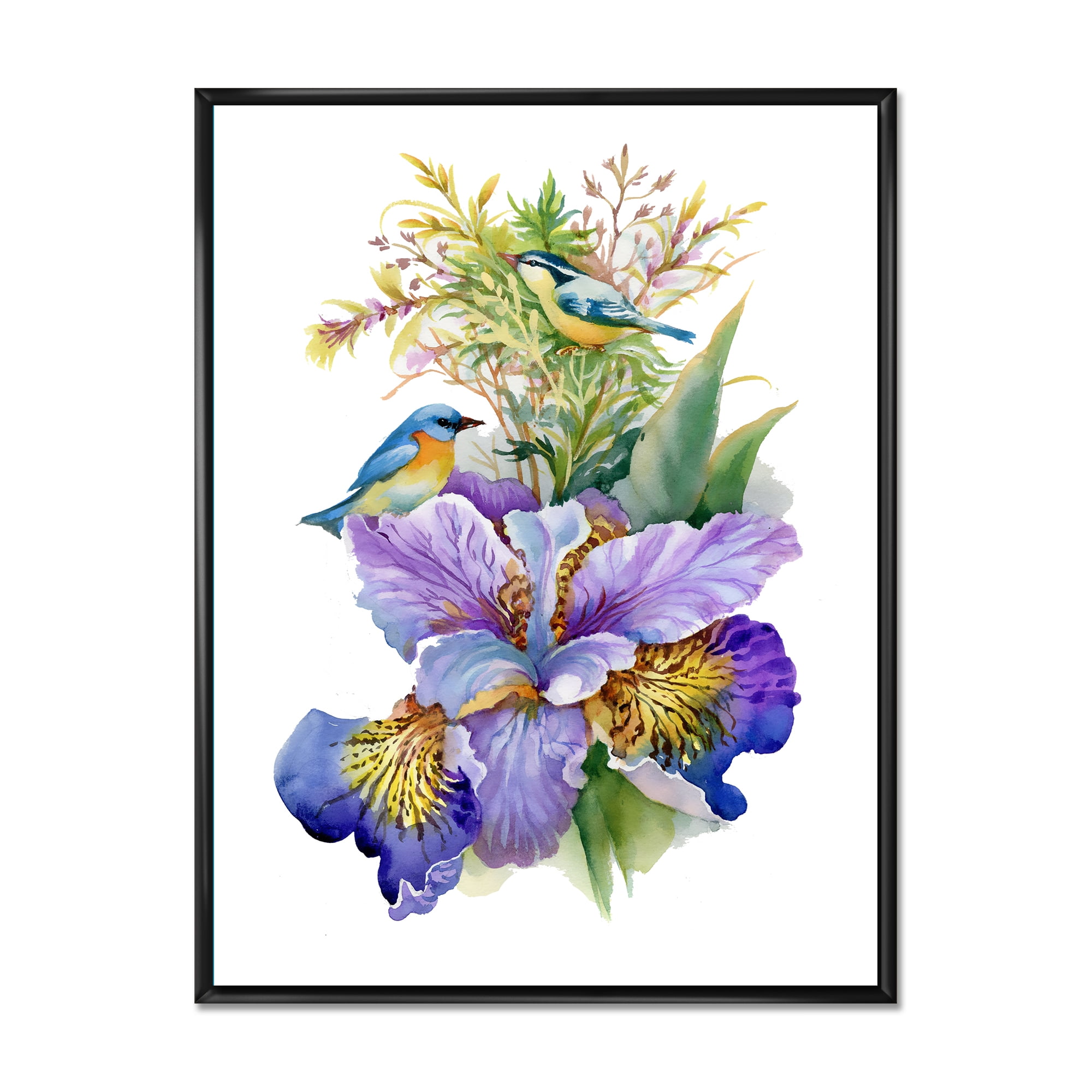 Birds With Purple Iris 16 in x 32 in Framed Painting Canvas Art Print, by Designart