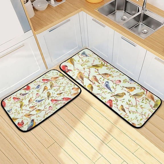 Birds and Branch Kitchen Rugs Set of 2 Non Slip Floor Foam Mat Cushioned Soft Waterproof Carpet Runner for Dining Room Laundry