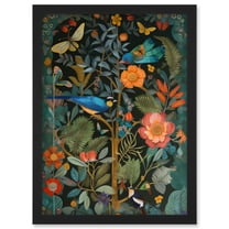 Birds and Butterflies Modern Flower Art Nouveau Artwork Framed Wall Art Print A4