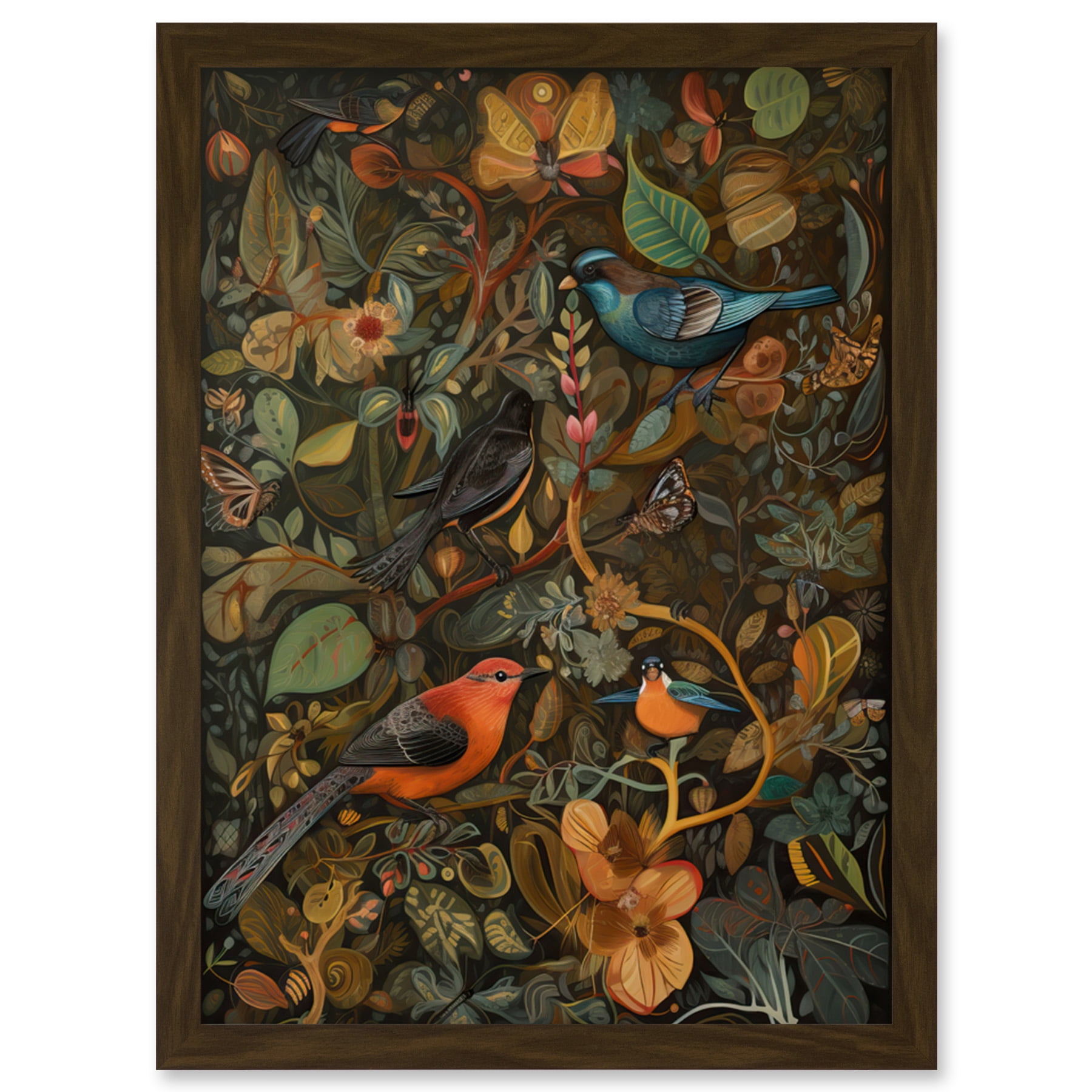 Birds and Butterflies on Autumnal Tree Folk Art Artwork Framed Wall Art ...