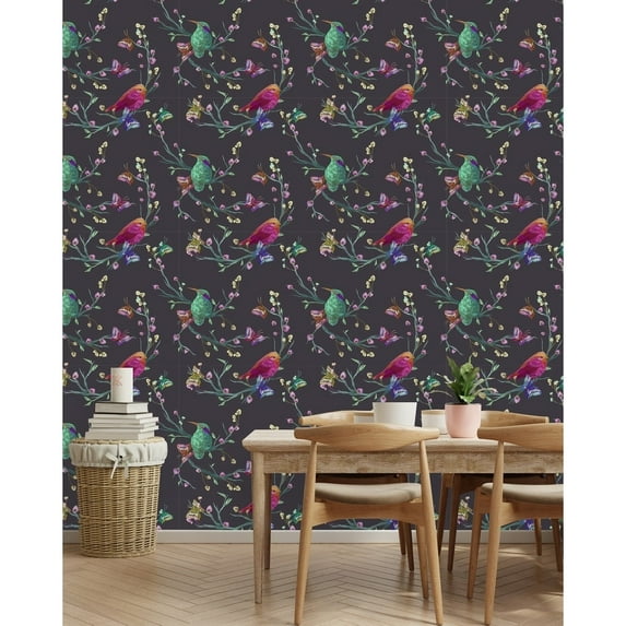 Birds and Butterflies on Dark Wallpaper Peel-and-Stick - 25"W x 125"H