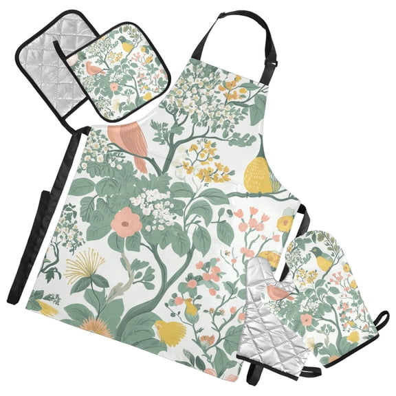 Birds and Floral Oven Mitts and Pot Holders with Chef Apron Set 5 Pcs Kitchen Cooking Set