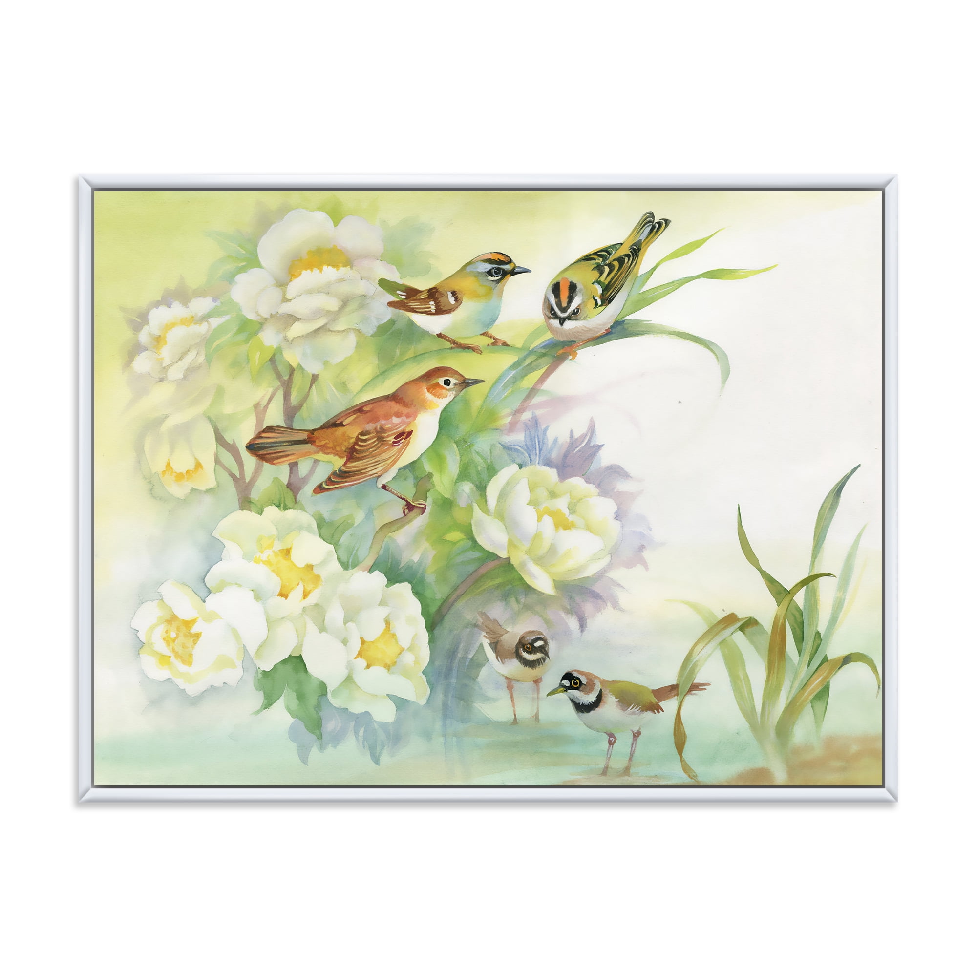 Birds and Flowers In Rustic Scenery' 32" x 16" Framed Painting Canvas Art Print, by Designart