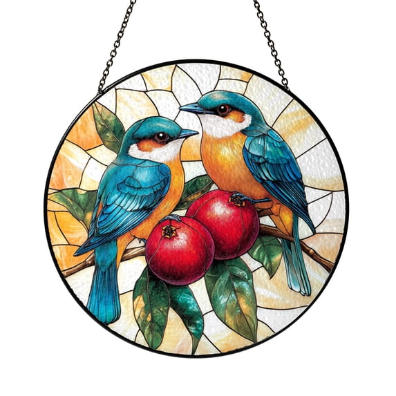 Birds and Pomegranates Stained Glass Panel – Nature Window Gift for Bird Lovers