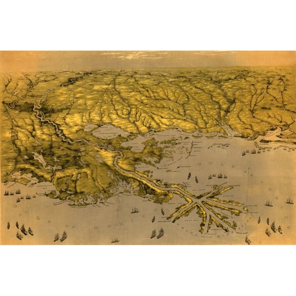 View of the Gulf coast centered on the Mississippi River delta, showing cities and towns, roads, railroads, rivers, and forts. Poster Print (24 x 36)